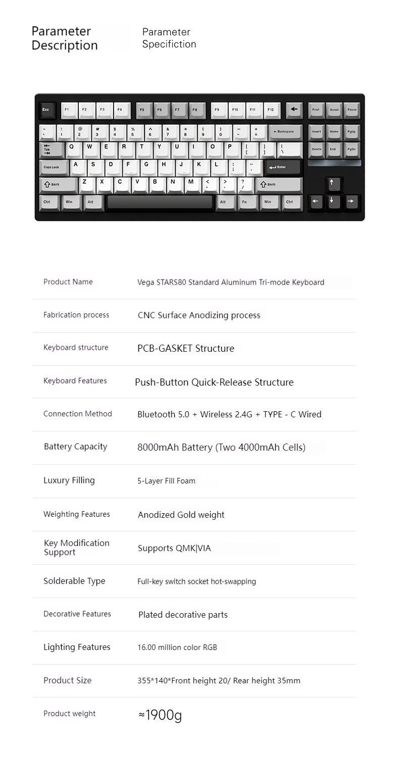 [In Stock] Weikav STARS80 Standard Version Mechanical Keyboard, Aluminum , Tri-mode, Suitable for Office Use, Gaming, and Esports